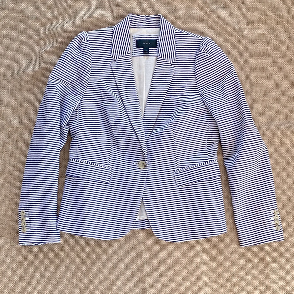 J. Crew Navy and White seersucker Striped cotton city Blazer